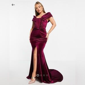 Asos Design Burgundy Mesh Velvet Corset Fishtail Gown Formal Prom Dress SIZE 12
